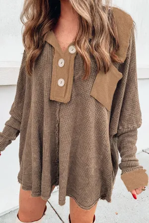 Brown Waffle Knit Buttoned Long Sleeve Top