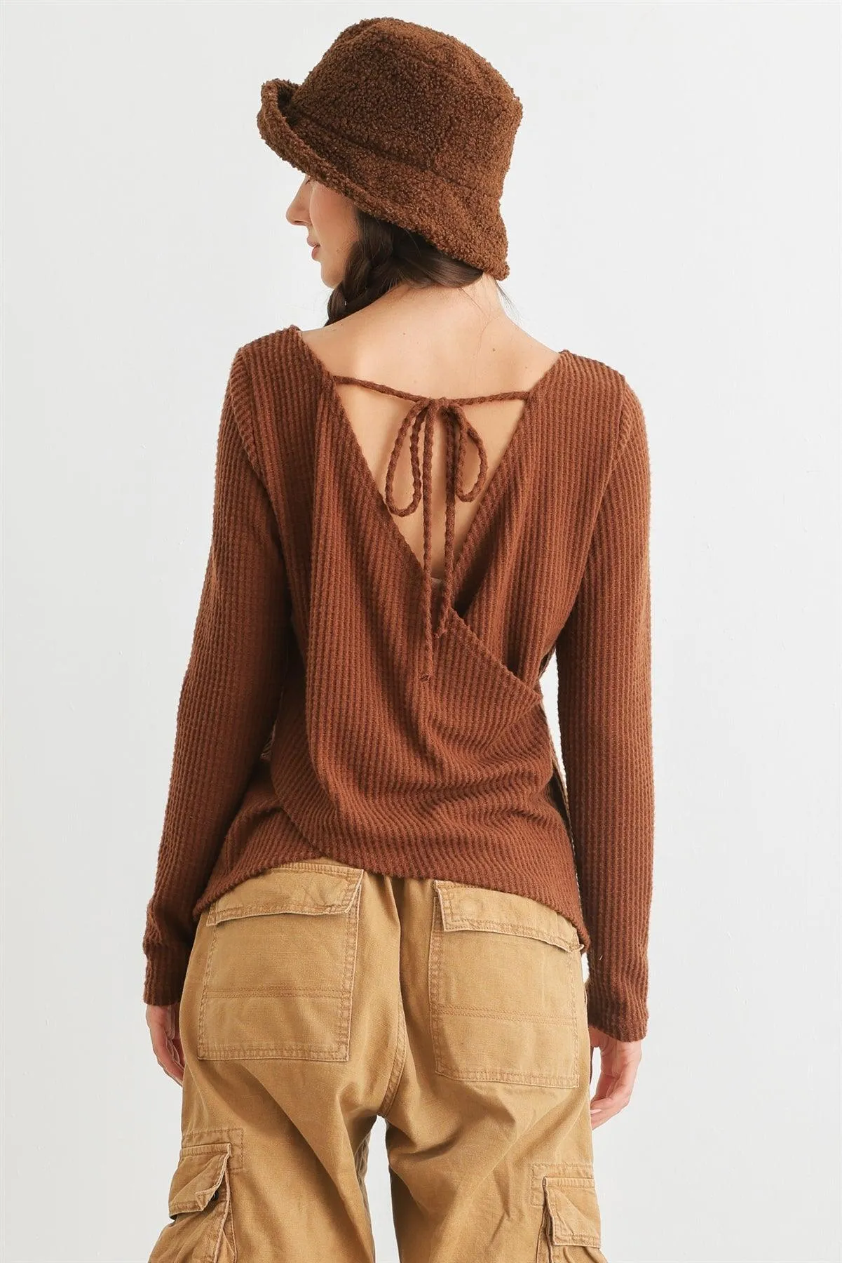 Brown Waffle Knit Long Sleeve Wrap & Tie Back Top /2-2-2