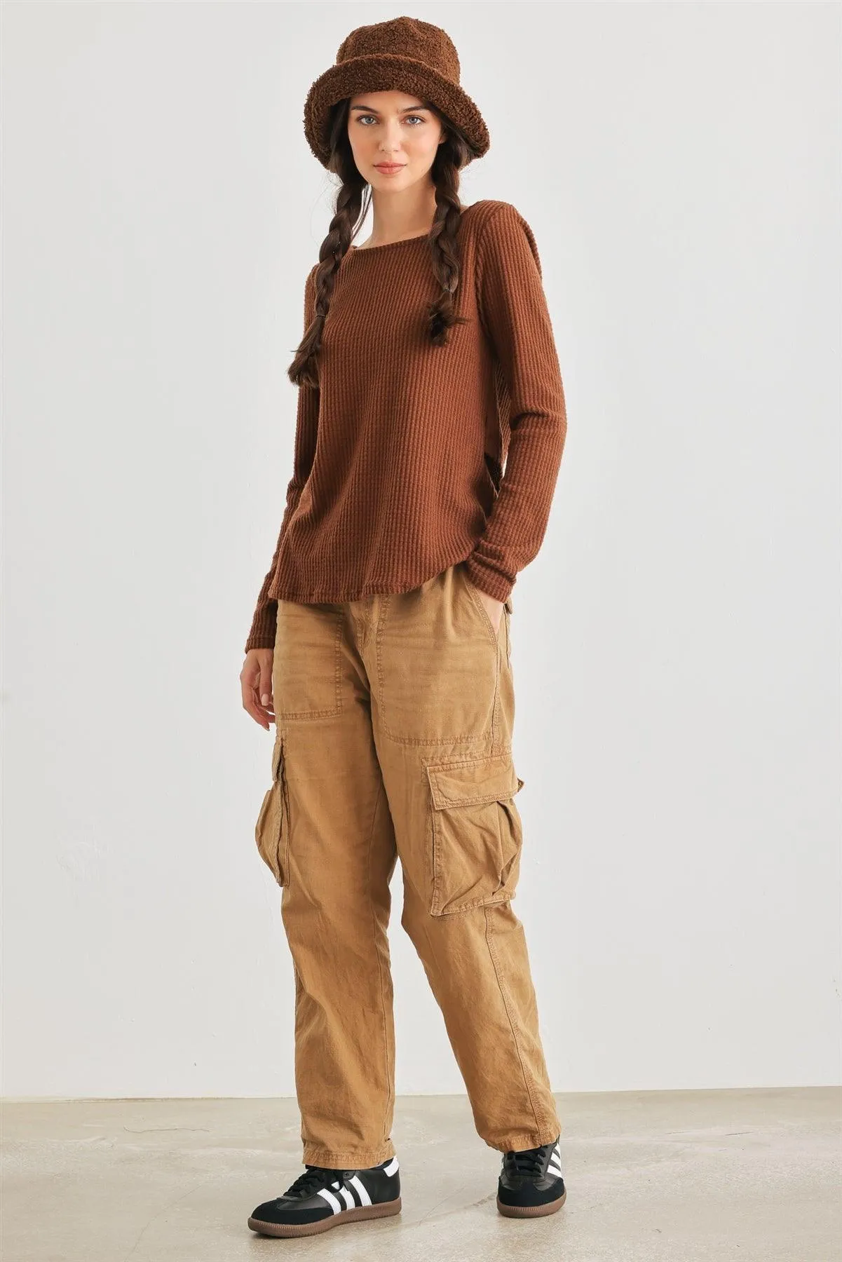 Brown Waffle Knit Long Sleeve Wrap & Tie Back Top /2-2-2