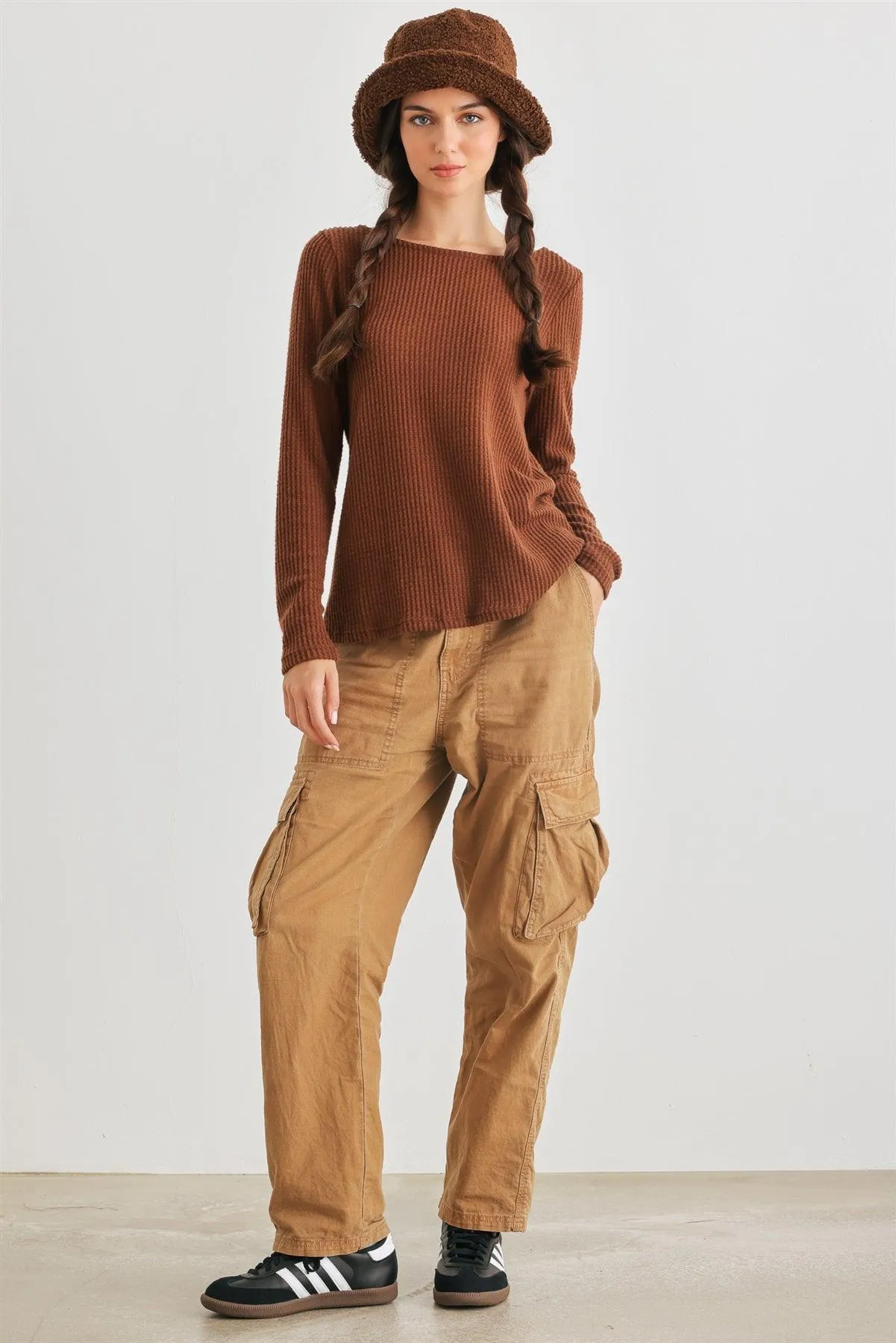 Brown Waffle Knit Long Sleeve Wrap & Tie Back Top /2-2-2