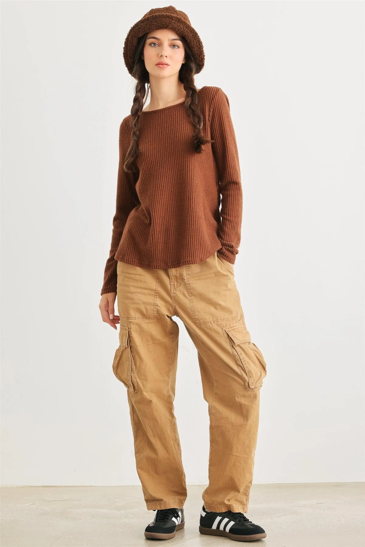 Brown Waffle Knit Long Sleeve Wrap & Tie Back Top /2-2-2