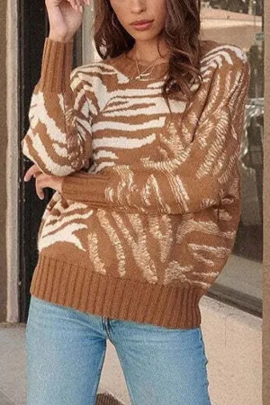 Brown Zebra Knit Square Neck Long Sleeve Sweater