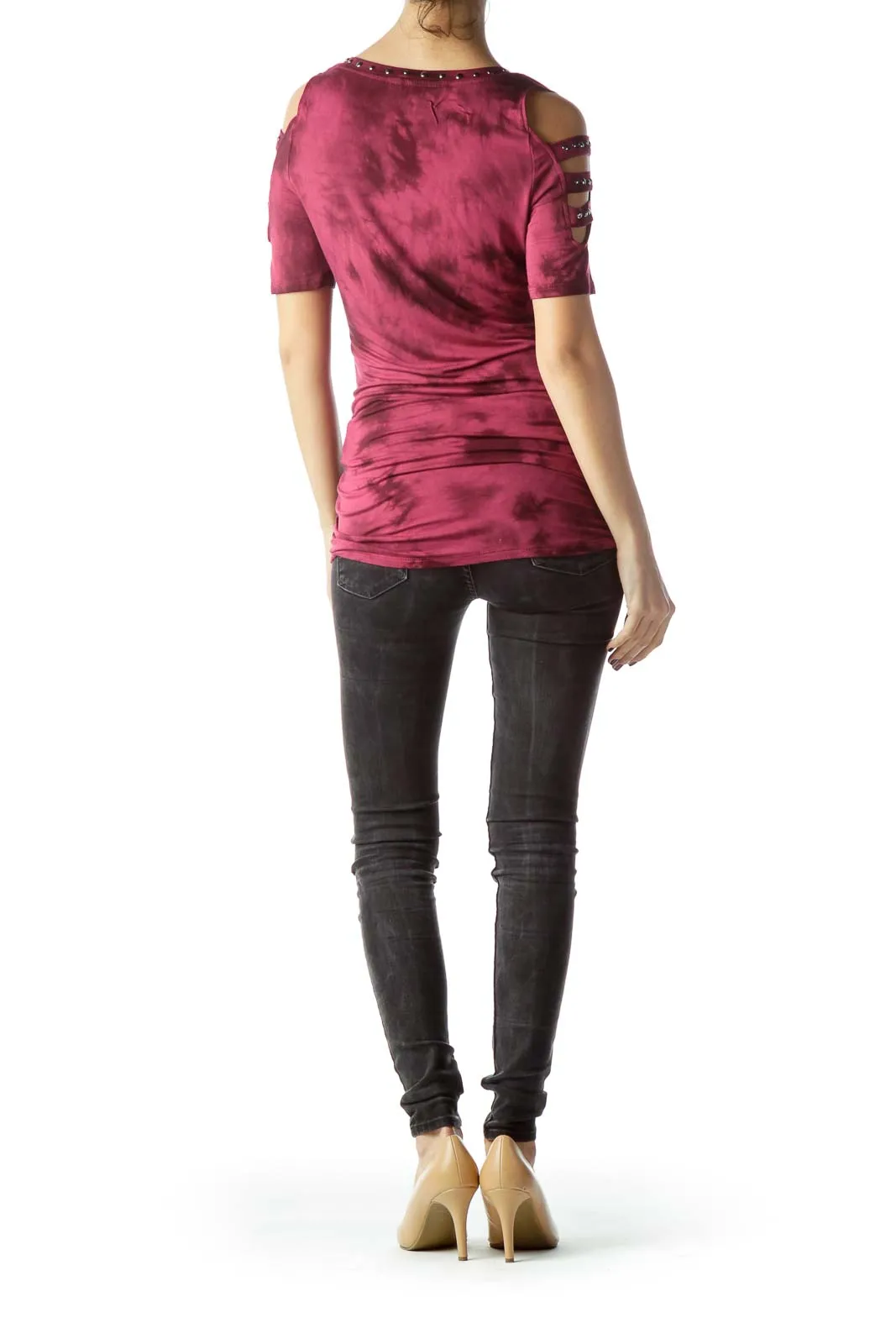 Burgundy Studded Water Print Jersey-Knit Top