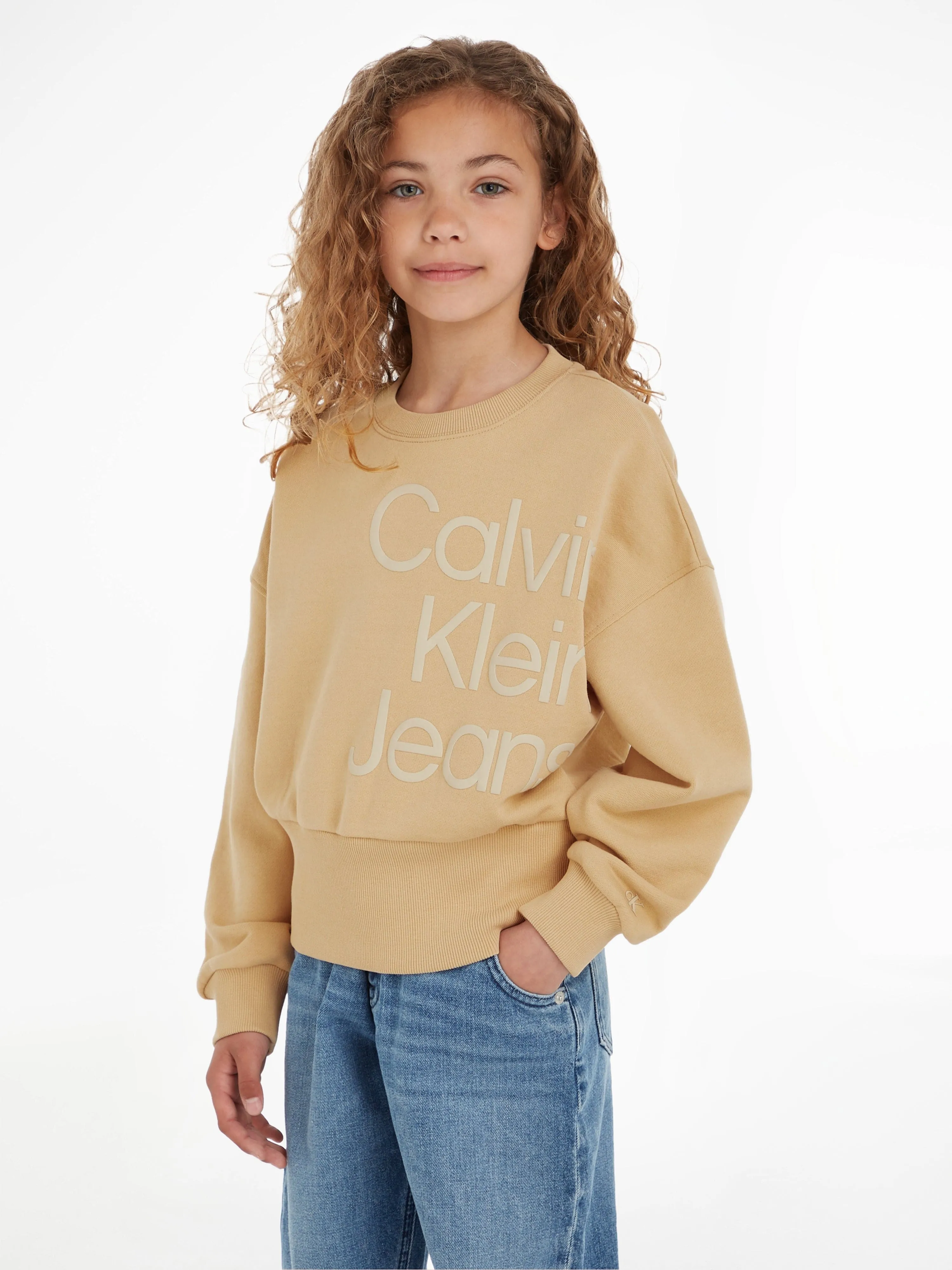 Calvin Klein Girls Puff Hero Logo Sweatshirt in Beige