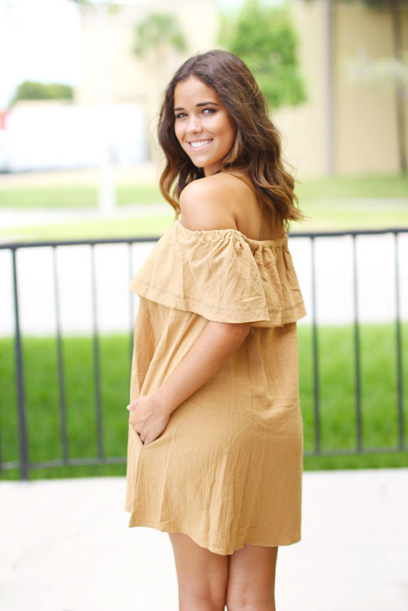 Camel Off Shoulder Ruffle Short Dress