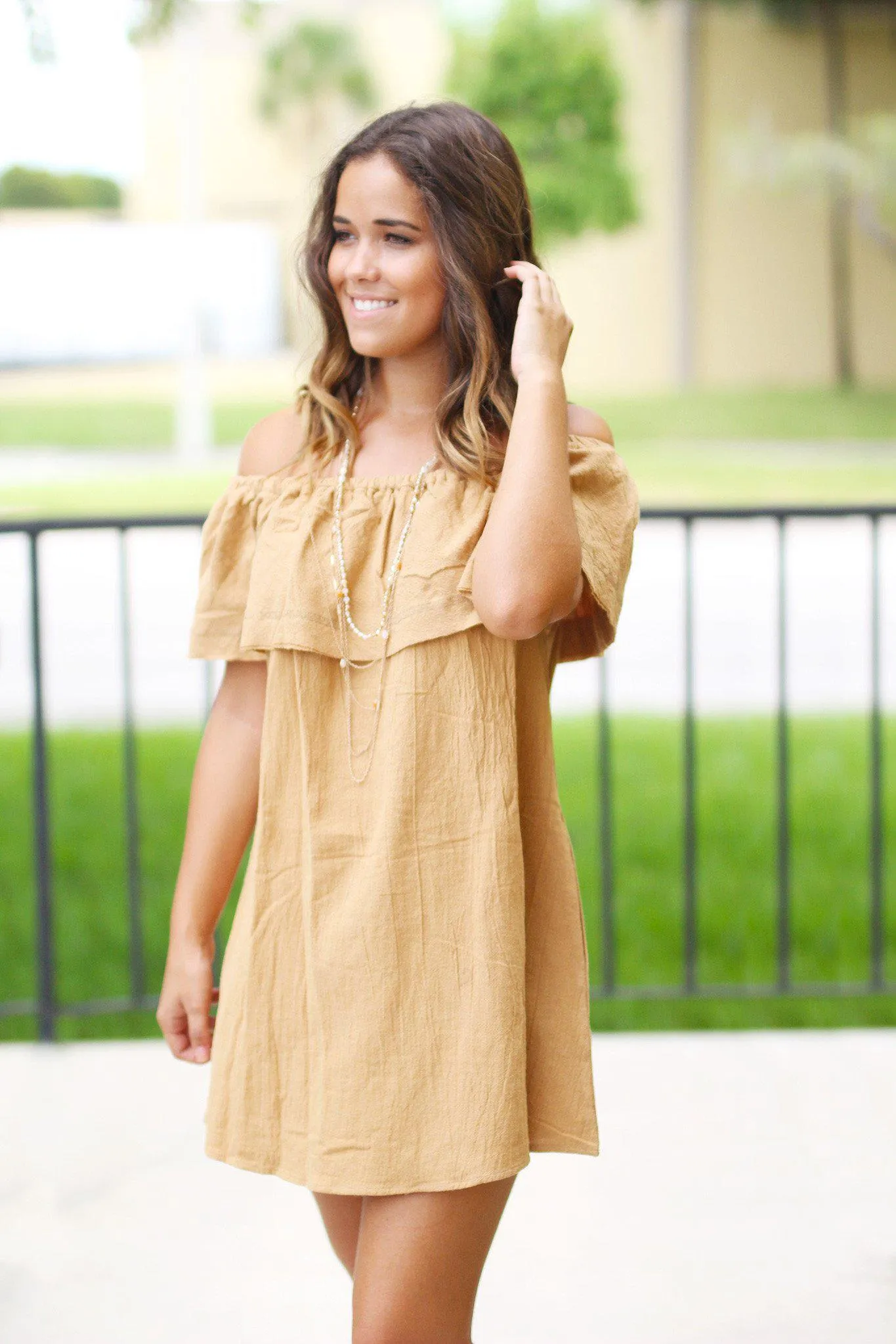 Camel Off Shoulder Ruffle Short Dress