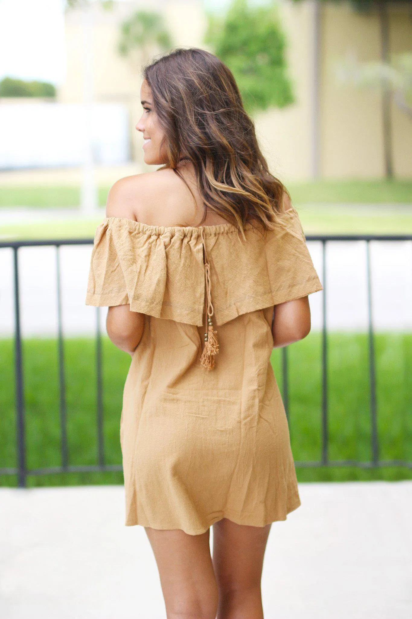 Camel Off Shoulder Ruffle Short Dress