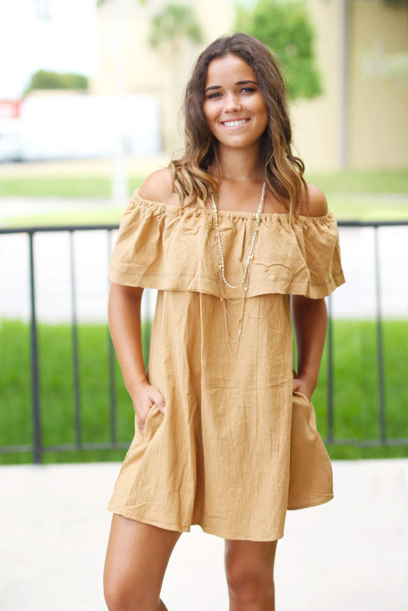 Camel Off Shoulder Ruffle Short Dress