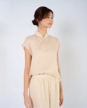 Cap Sleeve Ramie Cheongsam Top in Beige