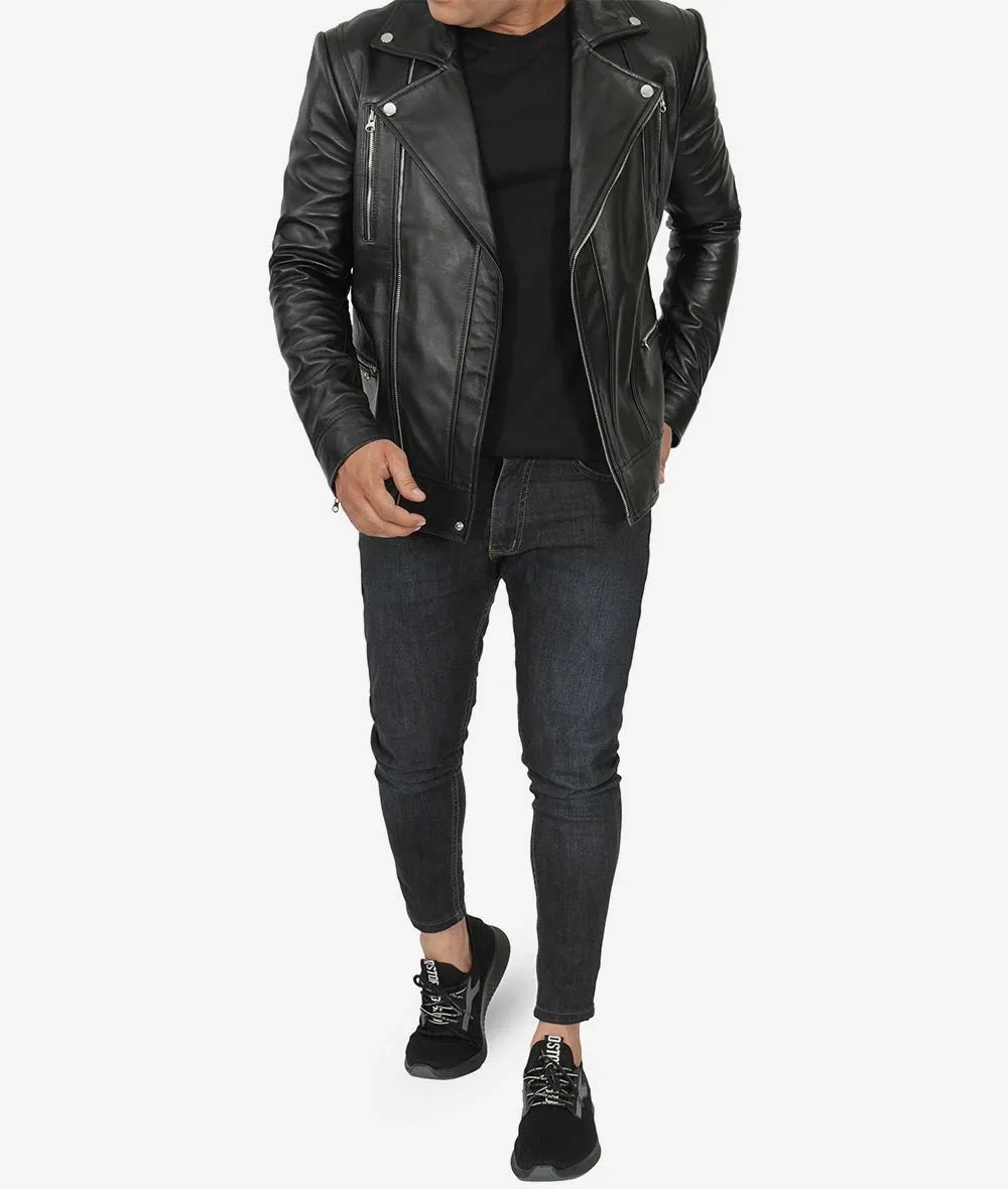 Carter Black Asymmetrical Leather Biker Jacket for Men