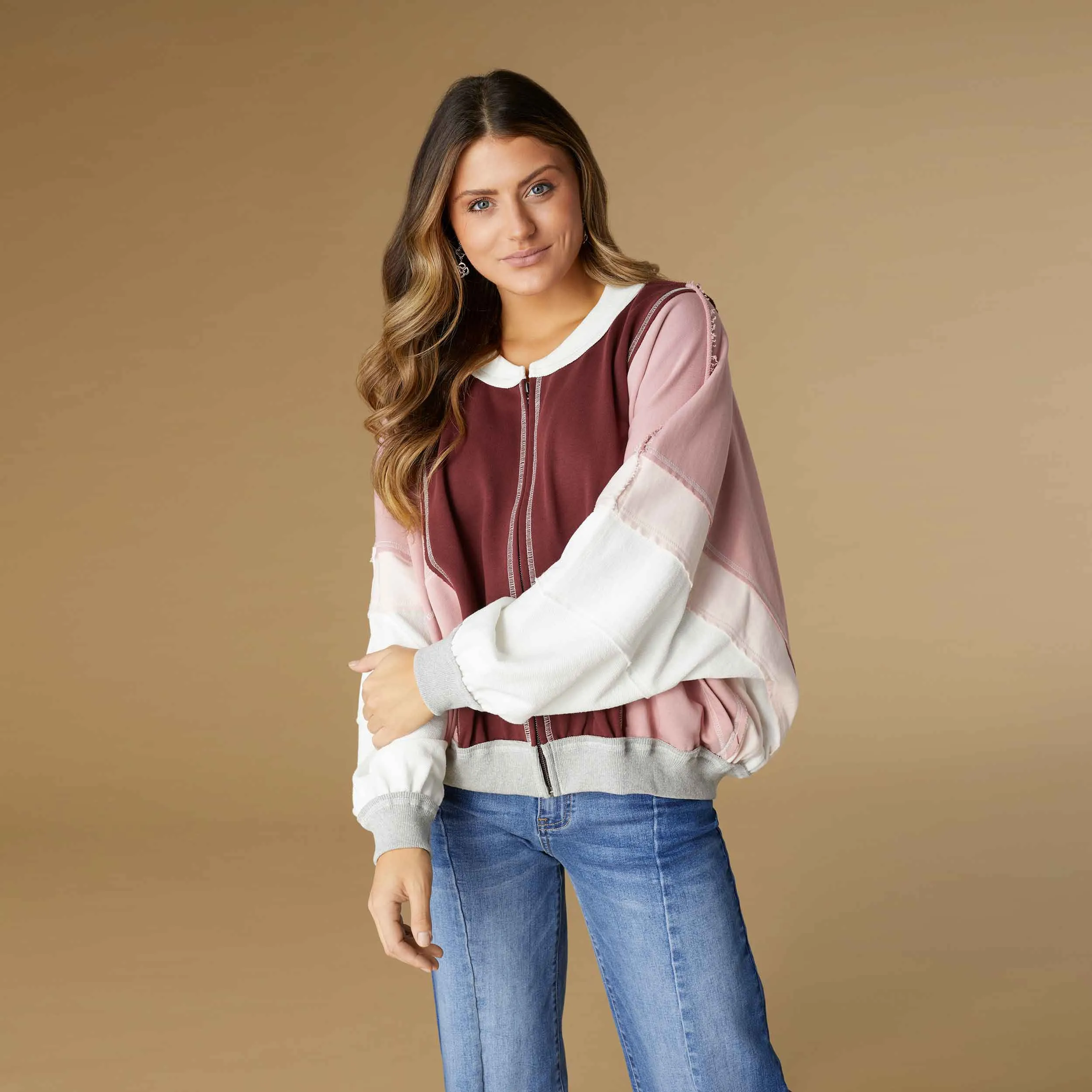 Casual Colorblock Track Sweatshirt - Burgundy/Dusty Rose