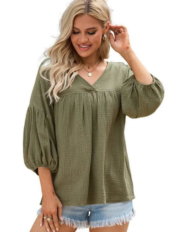 Casual Loose Cotton Babydoll Pullover Top For Women In A Solid Color With Printing Craft And Loose Fit