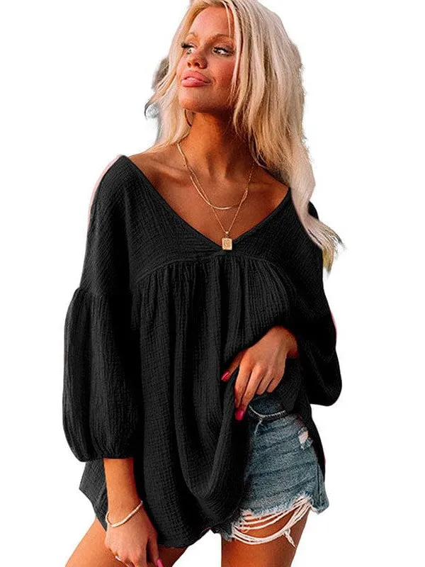 Casual Loose Cotton Babydoll Pullover Top For Women In A Solid Color With Printing Craft And Loose Fit