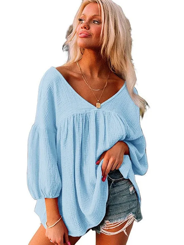 Casual Loose Cotton Babydoll Pullover Top For Women In A Solid Color With Printing Craft And Loose Fit