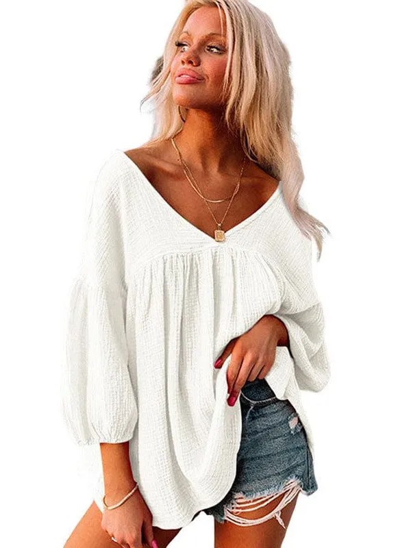 Casual Loose Cotton Babydoll Pullover Top For Women In A Solid Color With Printing Craft And Loose Fit