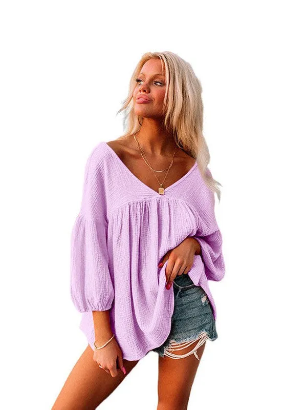 Casual Loose Cotton Babydoll Pullover Top For Women In A Solid Color With Printing Craft And Loose Fit