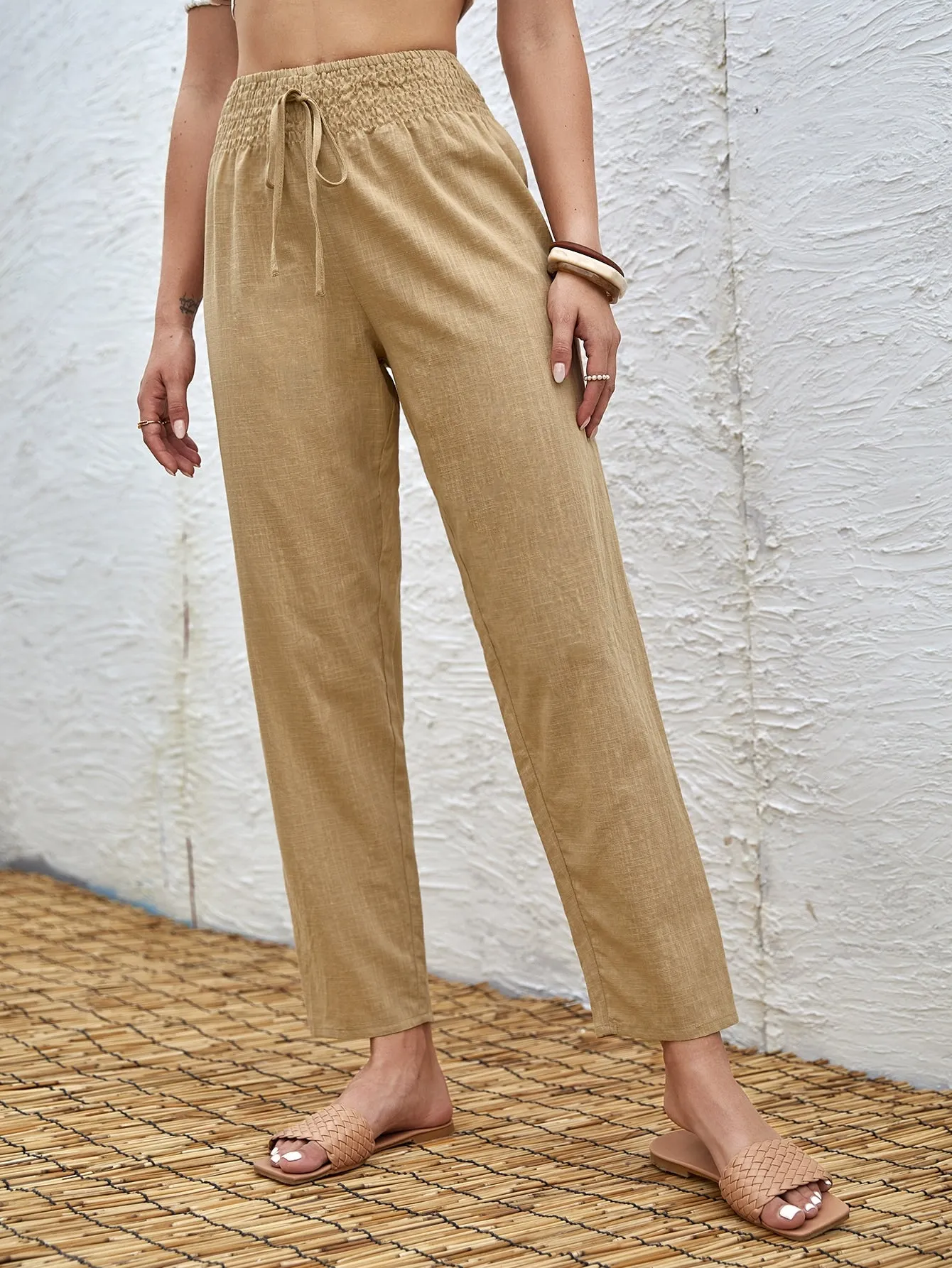 Casual Plain Shirred High Waist Cropped Women Pants