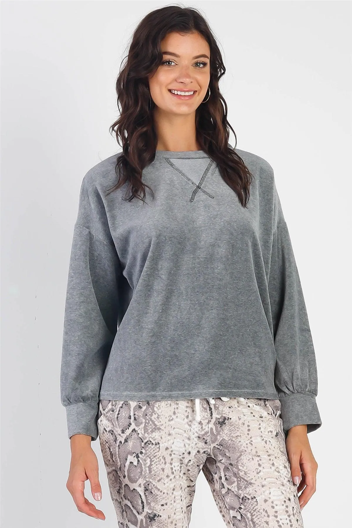 Charcoal Velour Cotton Blend Long Sleeve Sweatshirt