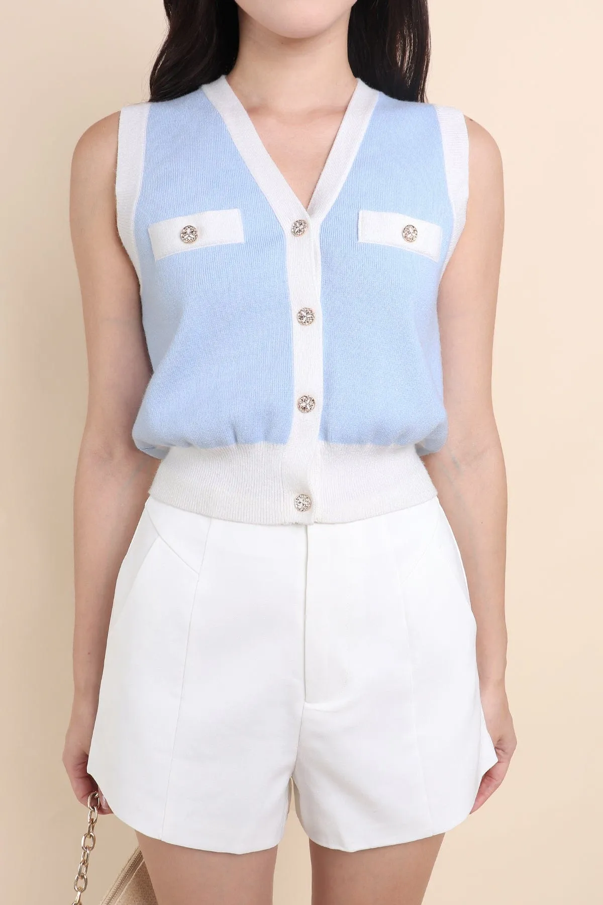 CHARM CONTRAST KNIT TOP IN BABY BLUE