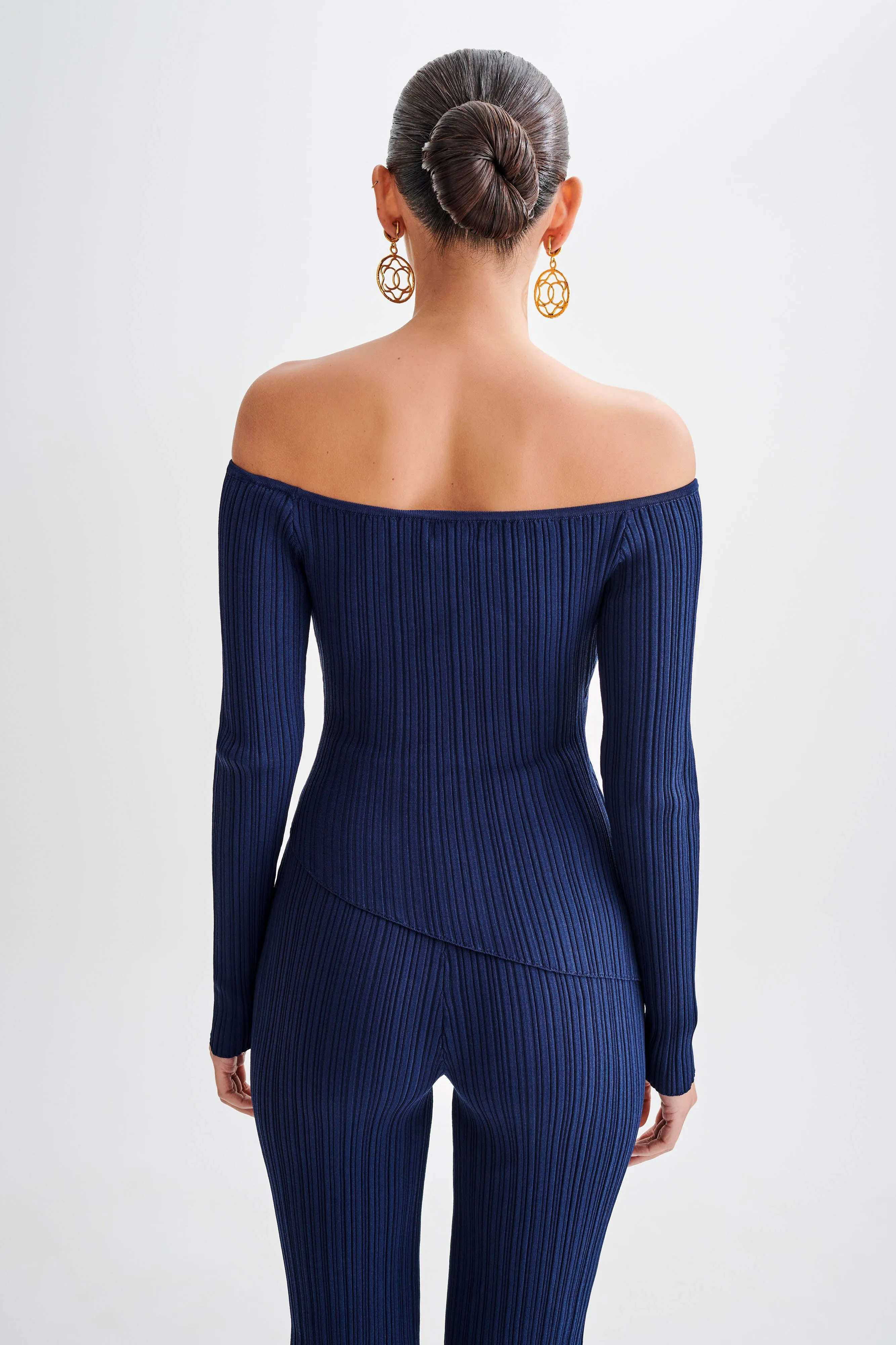 Chiara Off Shoulder Rib Knit Top - Navy