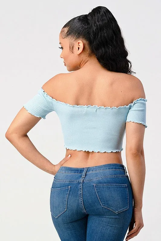 CHIC RIBBED KNIT OFF SHOULDER FRONT-TIE CROP TOP