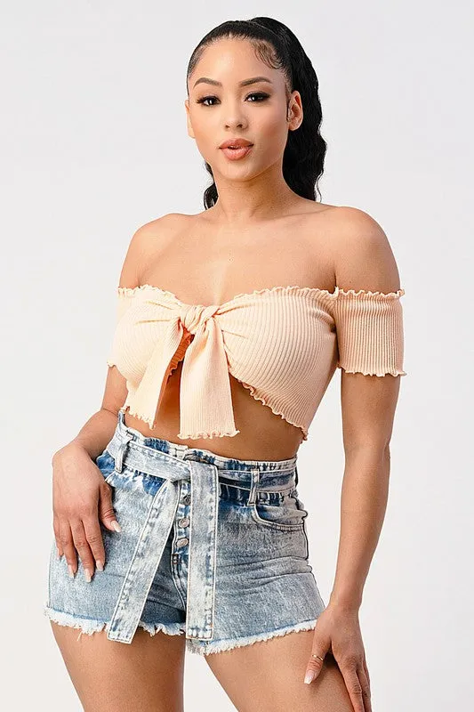 CHIC RIBBED KNIT OFF SHOULDER FRONT-TIE CROP TOP