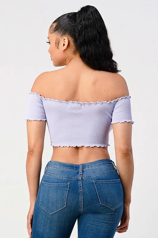 CHIC RIBBED KNIT OFF SHOULDER FRONT-TIE CROP TOP