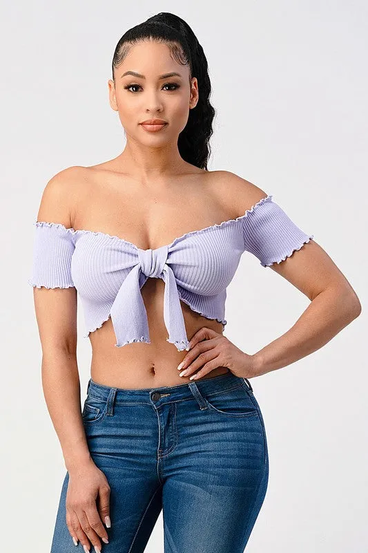 CHIC RIBBED KNIT OFF SHOULDER FRONT-TIE CROP TOP