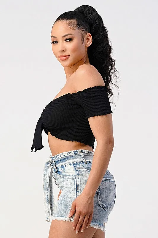 CHIC RIBBED KNIT OFF SHOULDER FRONT-TIE CROP TOP