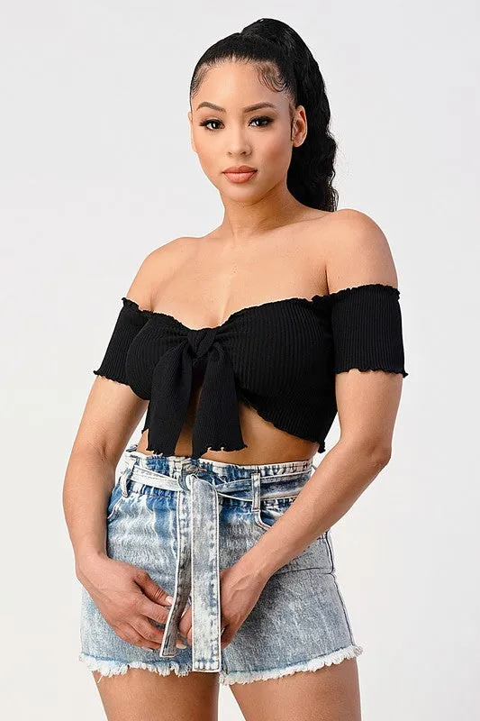 CHIC RIBBED KNIT OFF SHOULDER FRONT-TIE CROP TOP