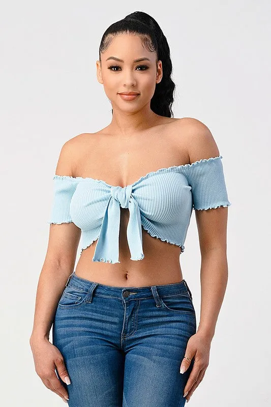 CHIC RIBBED KNIT OFF SHOULDER FRONT-TIE CROP TOP