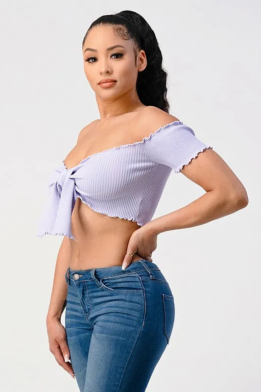 CHIC RIBBED KNIT OFF SHOULDER FRONT-TIE CROP TOP