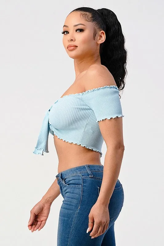 CHIC RIBBED KNIT OFF SHOULDER FRONT-TIE CROP TOP