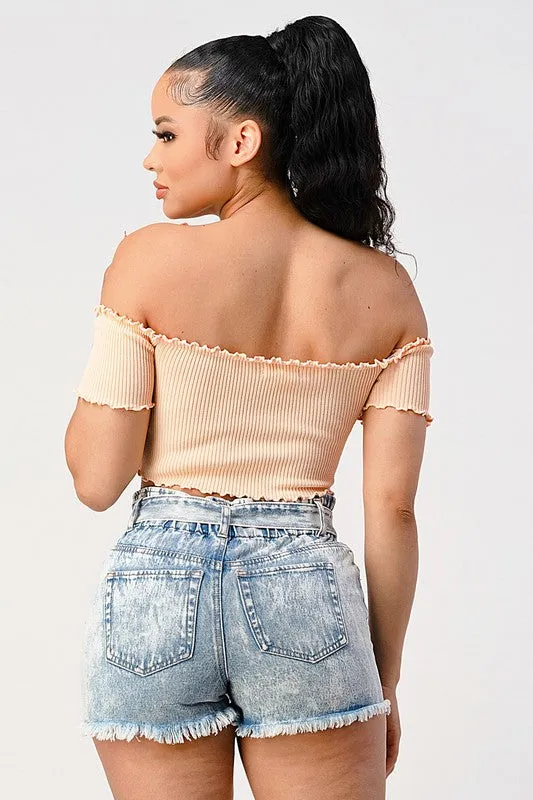 CHIC RIBBED KNIT OFF SHOULDER FRONT-TIE CROP TOP