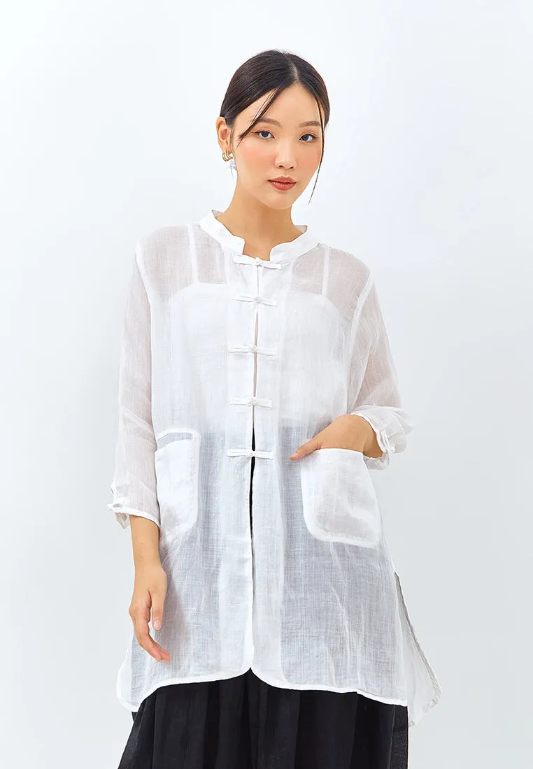 Chinese Button Long Top in White