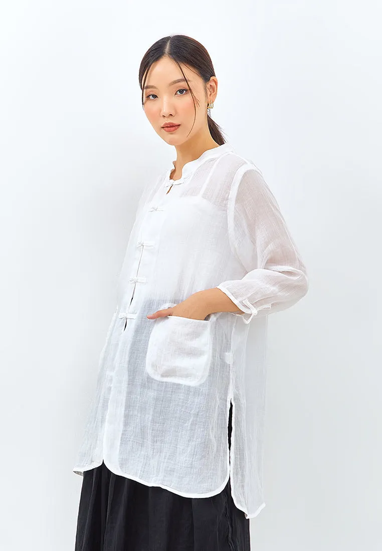 Chinese Button Long Top in White