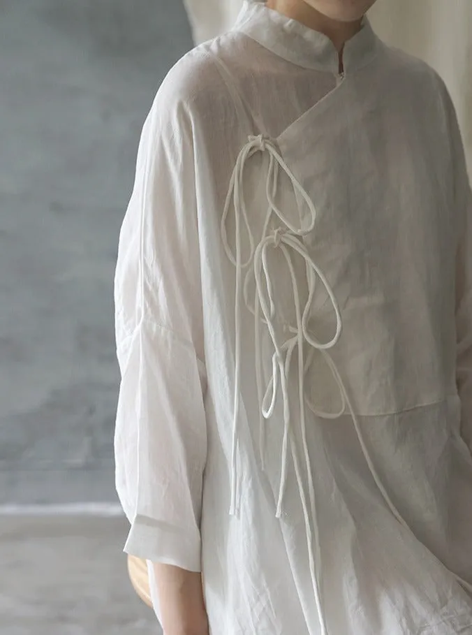 Chinese Collar Long Top (White)