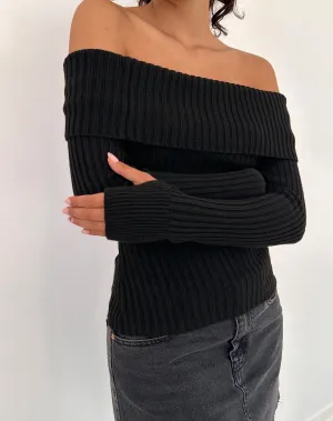 Circe Off-Shoulder Long Sleeve Knit Top in Black