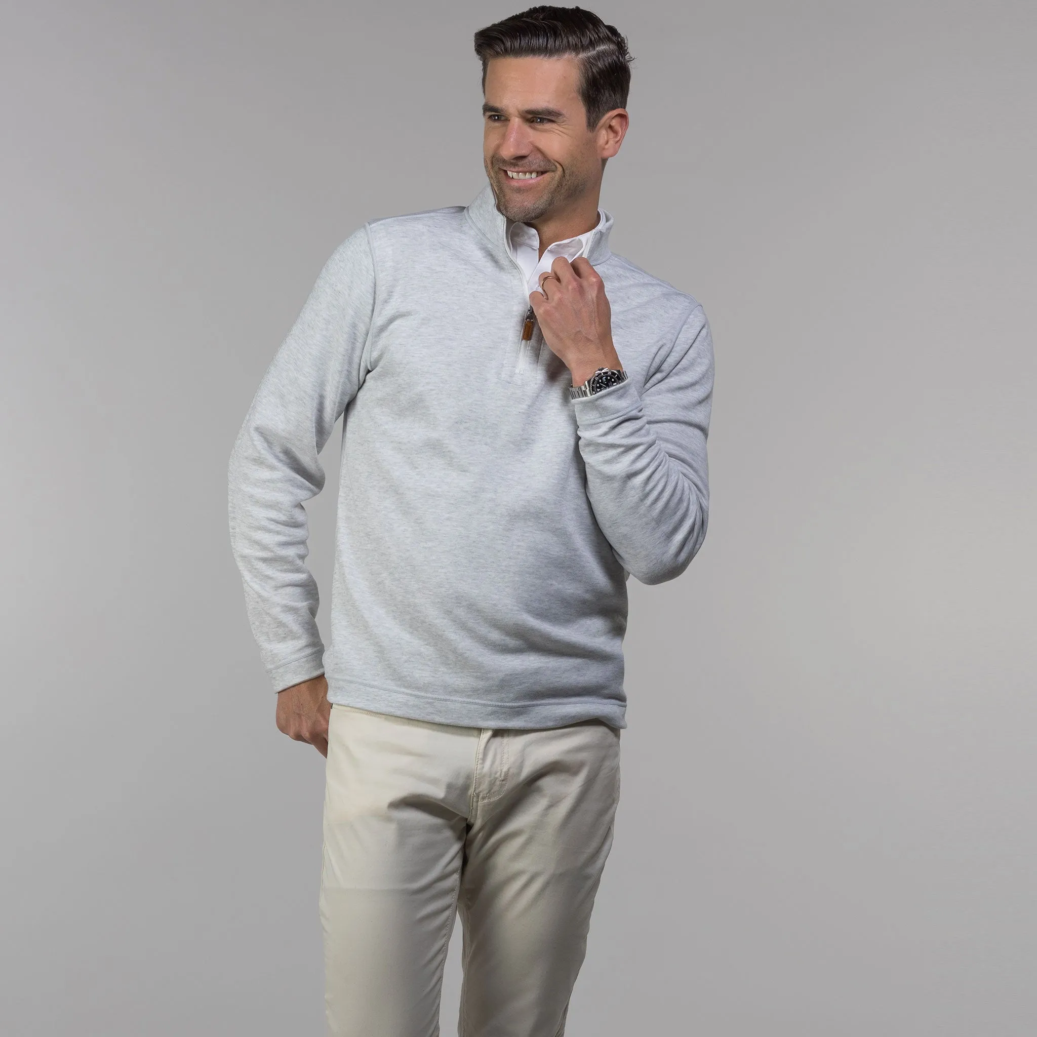 Coconut and Light Grey Zen Cotton Blend Reversible Quarter Zip Pullover