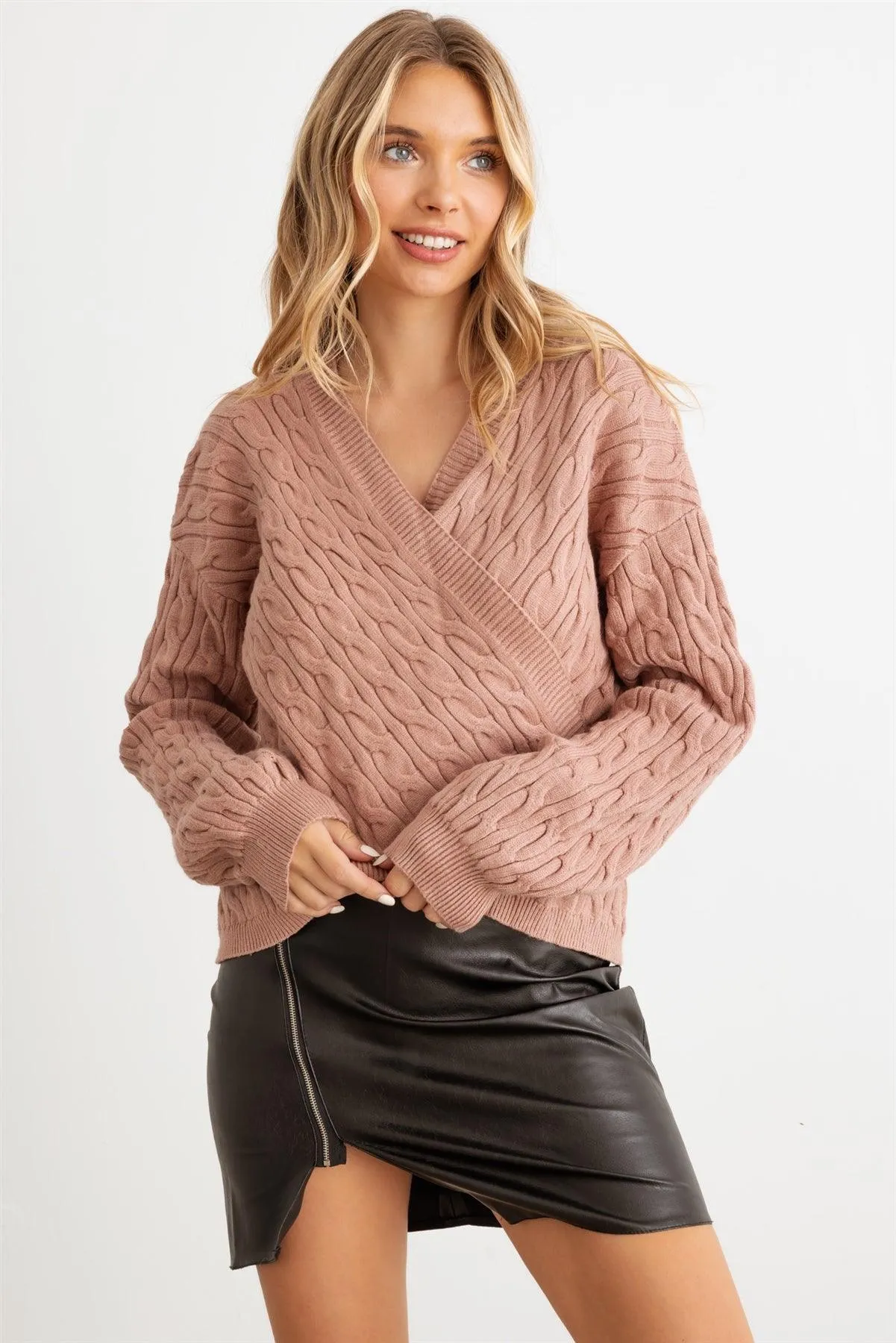 Coffee Cable Knit Wrap Tie Long Sleeve Sweater Cardigan /2-2-2