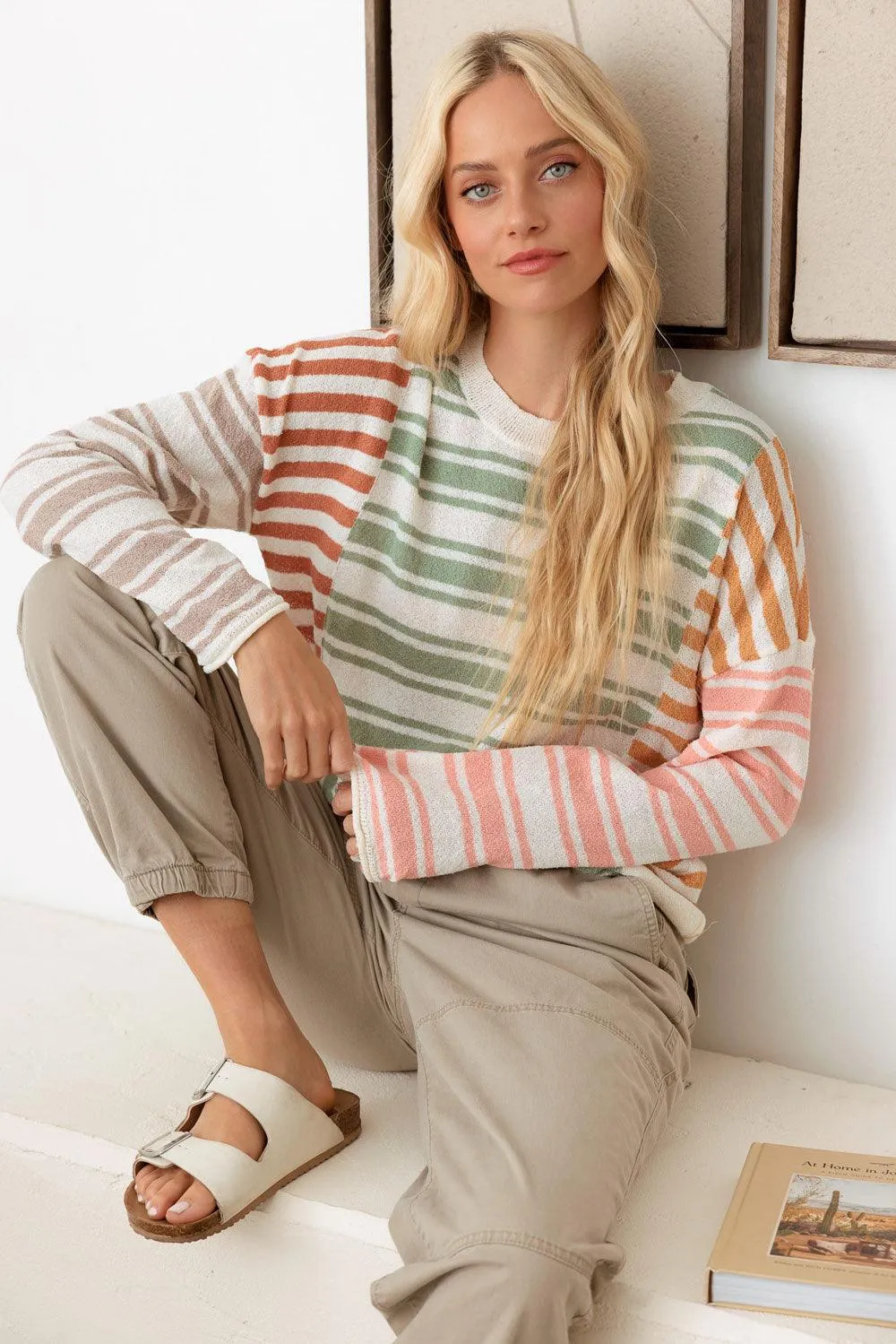 Color Block Stripe Wide Sleeve Relaxed Knit Top