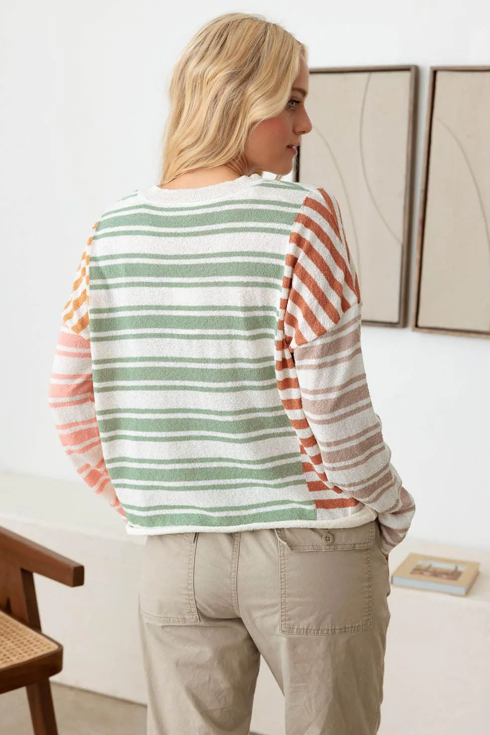 Color Block Stripe Wide Sleeve Relaxed Knit Top