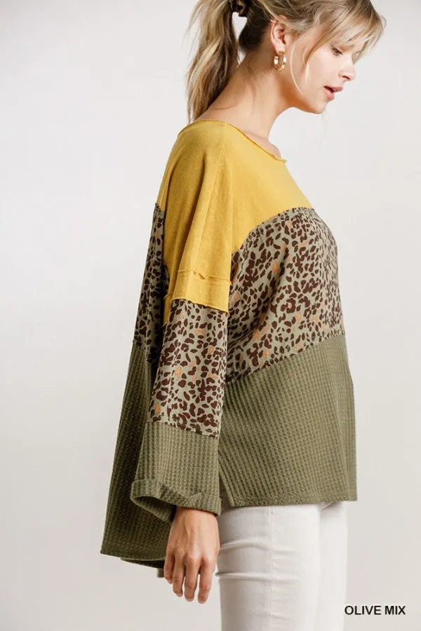 Color Block Waffle Knit Top, Olive