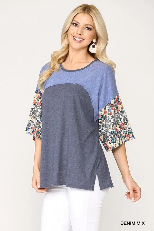 Colorblock Knit And Floral Print Mixed Top With Dolman Sleeve