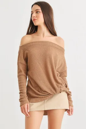 Copper Waffle Knit Off-The-Shoulder Twist Hem Top /2-2-2