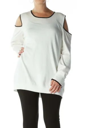 Cream Black-Contrasting-Trim Cold-Shoulder Knit Top