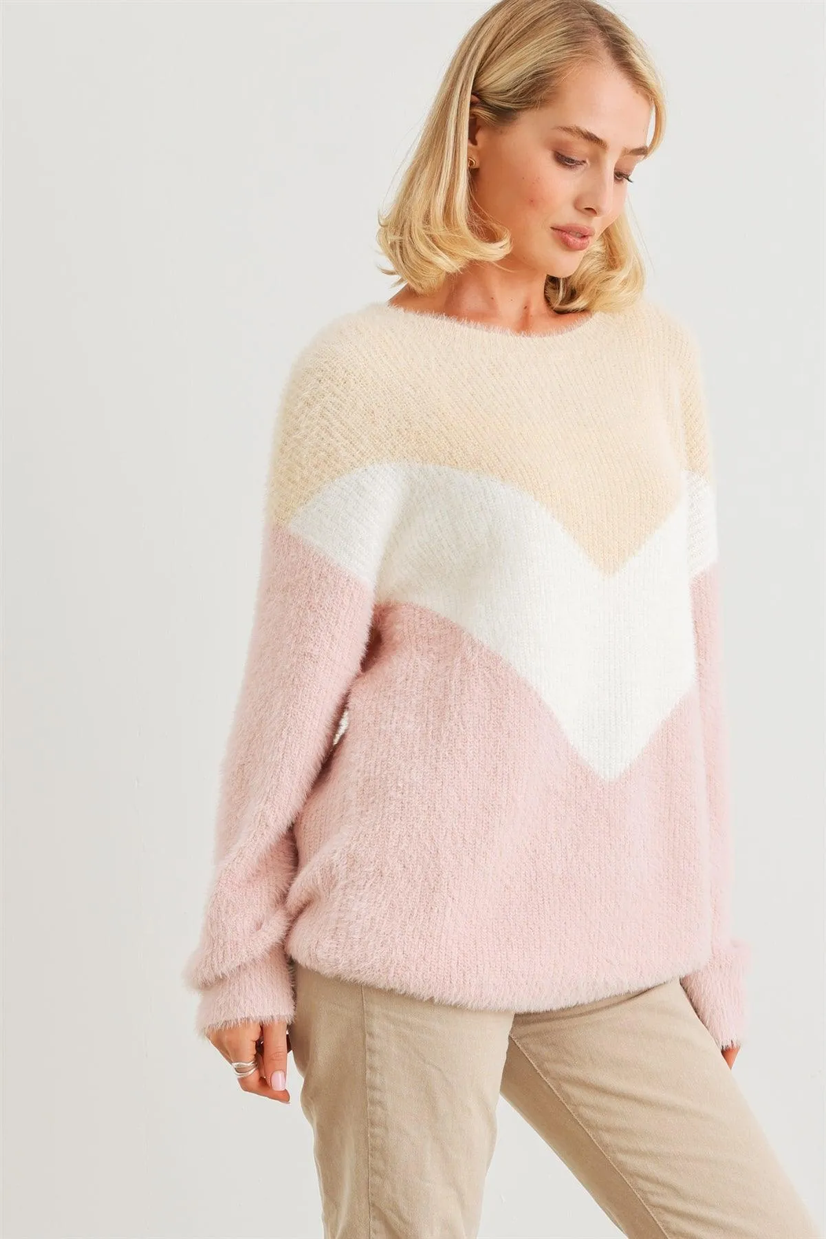 Cream Ivory Blush Colorblock Fuzzy Knit Long Sleeve Sweater /2-2-2