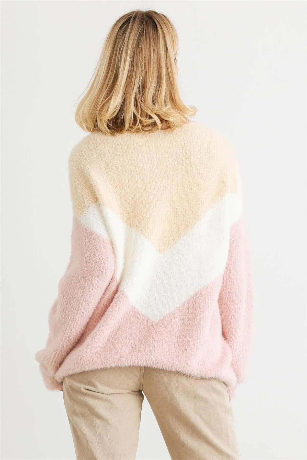 Cream Ivory Blush Colorblock Fuzzy Knit Long Sleeve Sweater /2-2-2