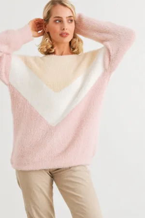 Cream Ivory Blush Colorblock Fuzzy Knit Long Sleeve Sweater /2-2-2