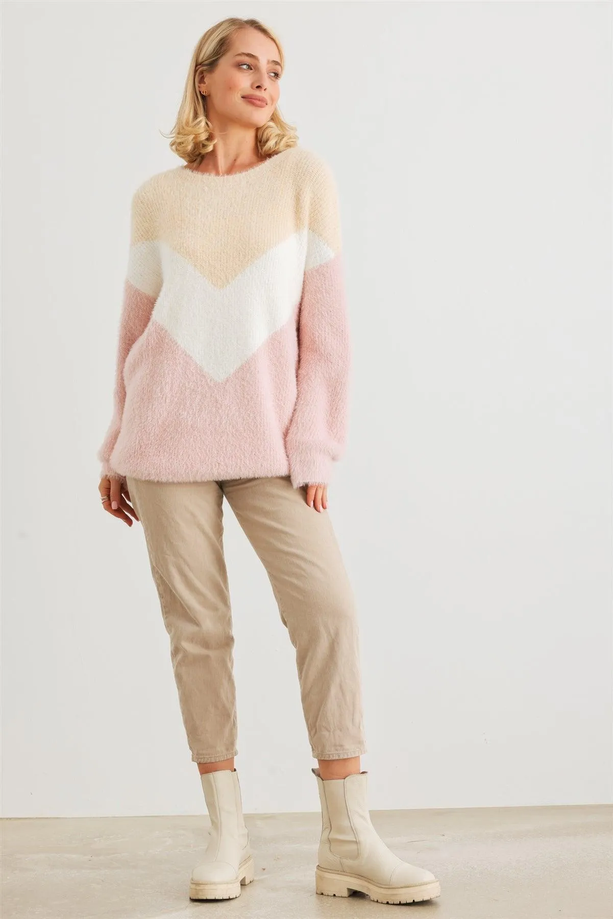 Cream Ivory Blush Colorblock Fuzzy Knit Long Sleeve Sweater /2-2-2